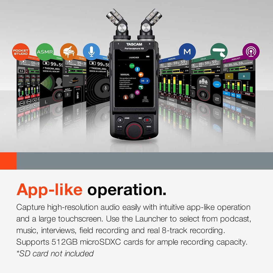 Tascam Portacapture X8 - Portabler 6+2-Spur High-Resolution 32-bit/192-kHz Rekorder, USB2.0, schwarz