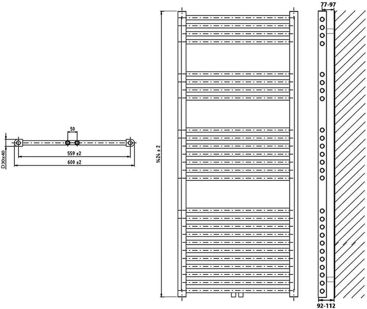 Heizkörper Badheizkörper Handtuchwärmer mit Mittelanschluss 50 mm anthrazit (1424 x 600 mm) (717 Wat