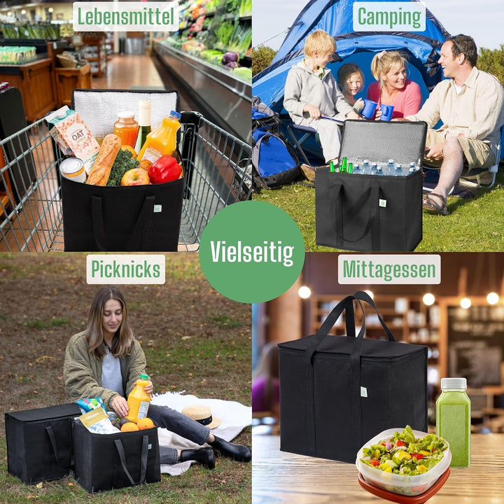 VENO 3-er Pack isolierte, wiederverwendbare Kühltasche, Einkaufstaschen, gross, robuste Griffe, Dopp