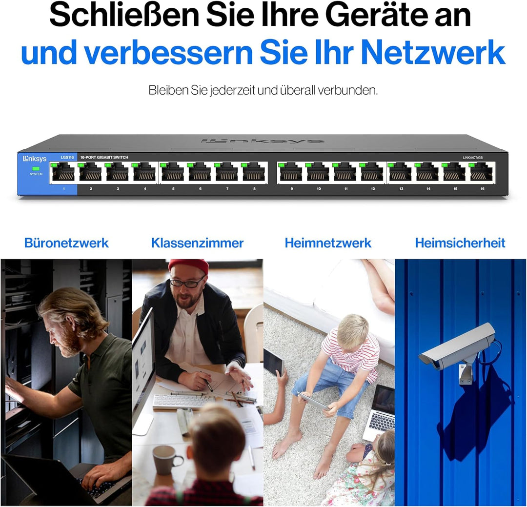 Linksys LGS116-EU 16-Port Unmanaged Gigabit-Netzwerk-Switch – Ethernet-Switch/Hub mit Metallgehäuse,
