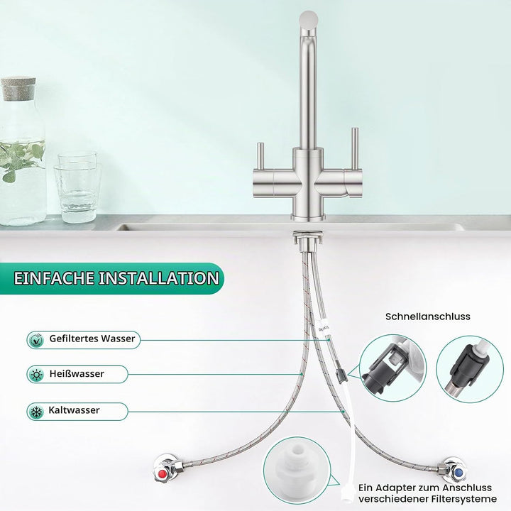 CREA 3 Wege Wasserhahn Küche Edelstahl, 360° Drehbar Küchenarmatur, 3 in 1 Mischbatterie Küche für W