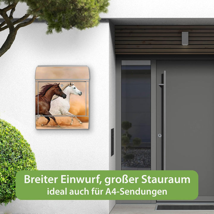 banjado® Design Briefkasten mit Motiv Wilde Pferde 39x47x14cm &amp; 2 Schlüssel - Briefkasten Stahl Silb