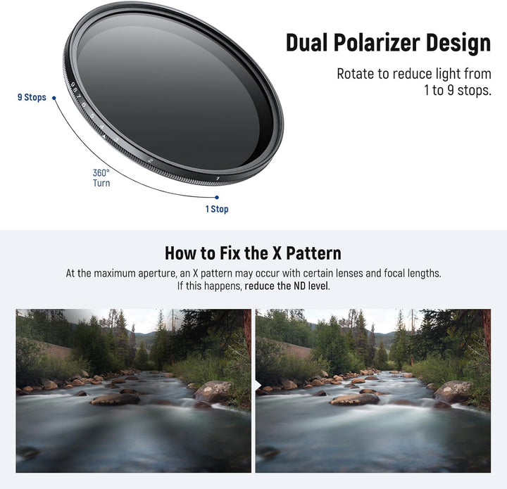 NEEWER BASICS 82mm variabler ND Filter, ND2-400 1-9 Stops Lichtreduzierung, drehbarer variabler Grau