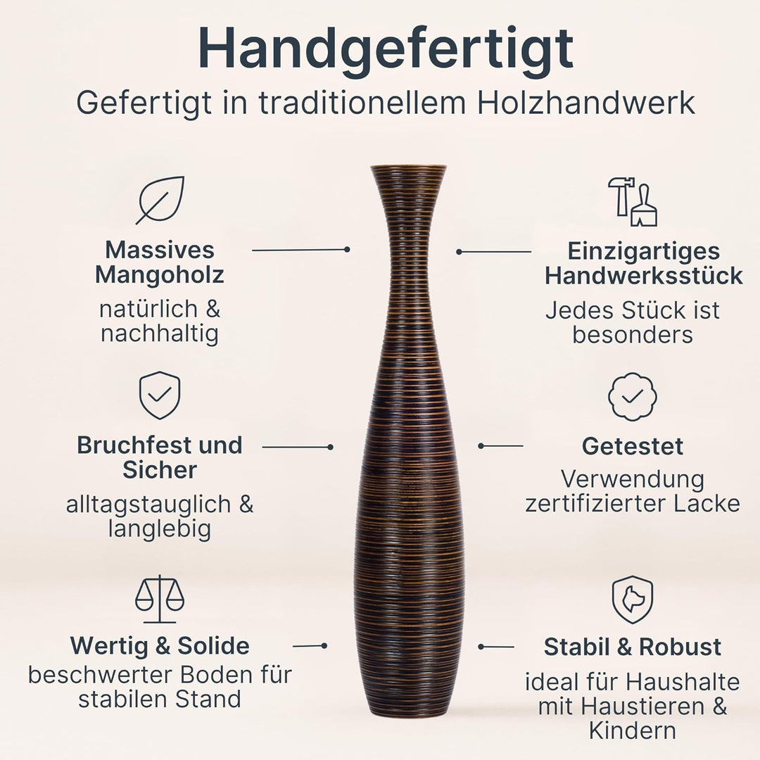 Leewadee Grosse Bodenvase für Dekozweige hohe Standvase Design Holzvase, Holz, 70 cm, Braun 70 cm Br
