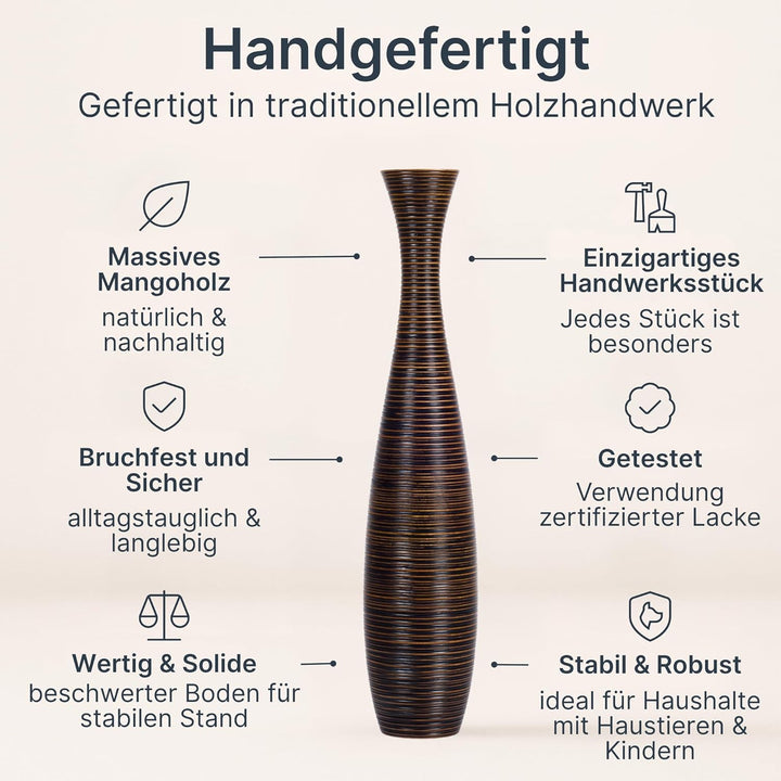 Leewadee Grosse Bodenvase für Dekozweige hohe Standvase Design Holzvase, Holz, 70 cm, Braun 70 cm Br