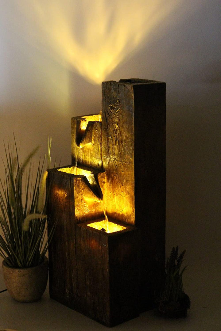 Gartenbrunnen BK823 in Holzoptik Springbrunnen Terrassenbrunnen Zimmerbrunnen mit Beleuchtung Warm W