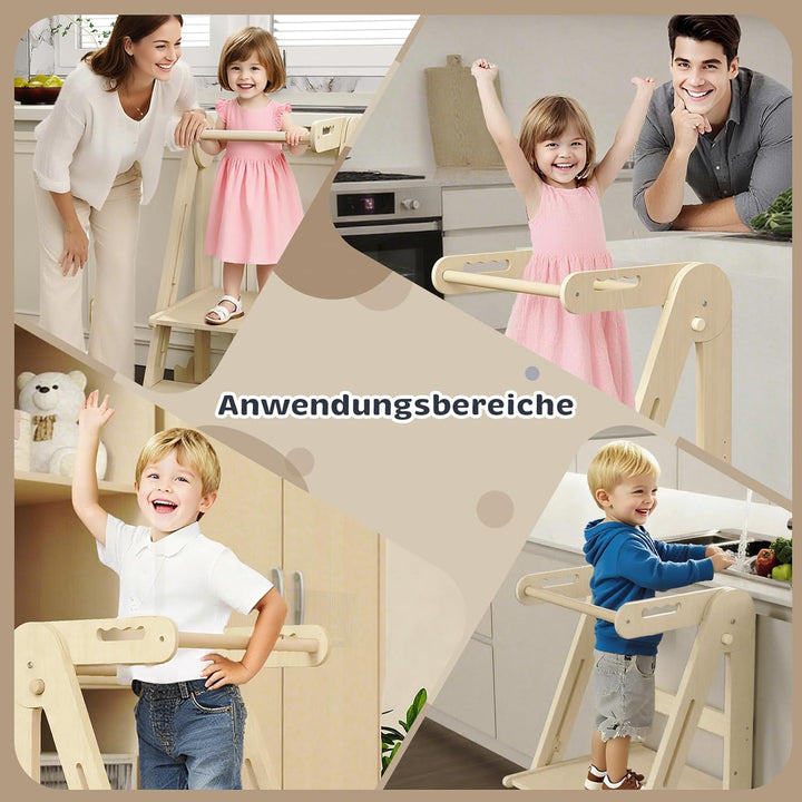 Klappbarer Toddler Tower Tritthocker, Höhenverstellbarer Kinderhocker mit Sicherheitsleiste & Rutsch