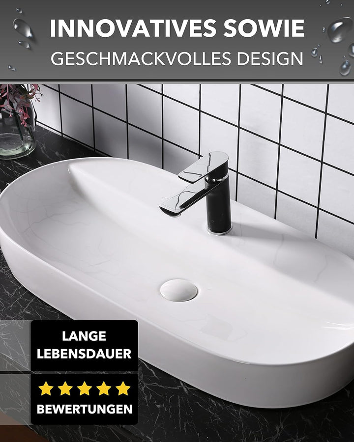 Art-of-Baan Premium Waschbecken oval - Hochglanz Aufsatzwaschbecken - Keramik-Becken für Waschtisch