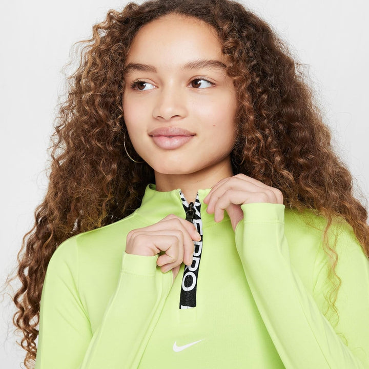 Nike Pro Dri-FIT Longsleeve mit Halbreissverschluss für Mädchen, FN9025 Lt Lemon Twist/White 8-9 Jah