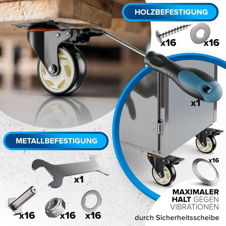 PEARWAY™ Premium Lenkrollen 100mm mit Bremse [4x gesamt 600kg] inkl. Montagezubehör I Robuste Transp