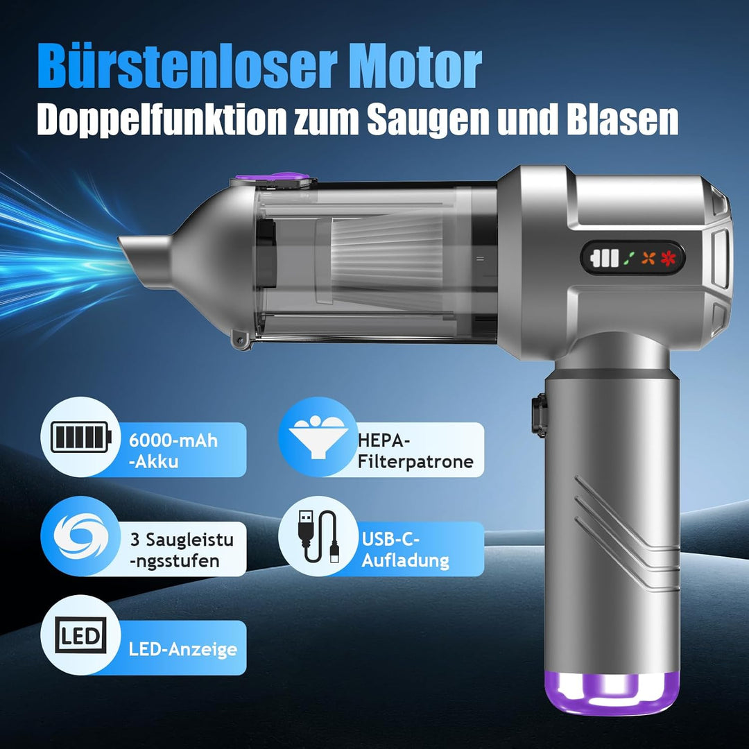 Handstaubsauger Akku, 26000Pa Mini Staubsauger, 6000mAh, 4-in-1 Auto Staubsauger Stark Blasen und Sa
