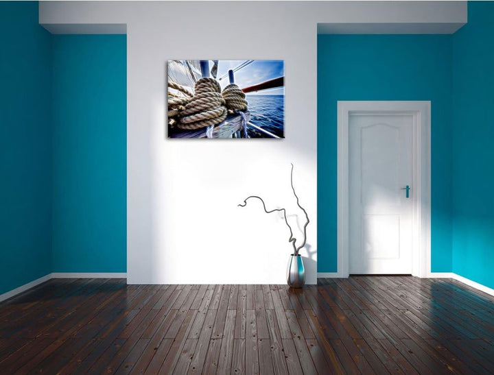Tau Seile auf Boot abstrakt Format: 120x80 auf Leinwand, XXL riesige Bilder fertig gerahmt mit Keilr