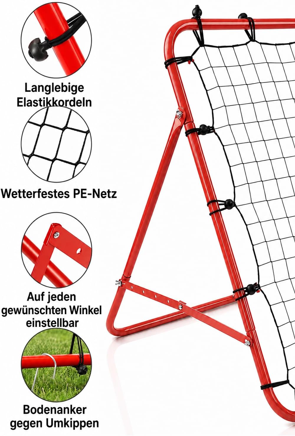 Fussball Rebounder 100 x 100 cm, klappbar, verstellbar, mit Bodenankern | Stahlrahmen, robustes PE-N