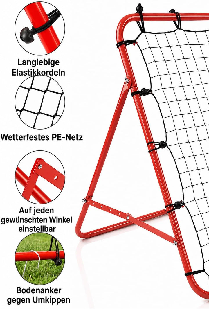 Fussball Rebounder 100 x 100 cm, klappbar, verstellbar, mit Bodenankern | Stahlrahmen, robustes PE-N