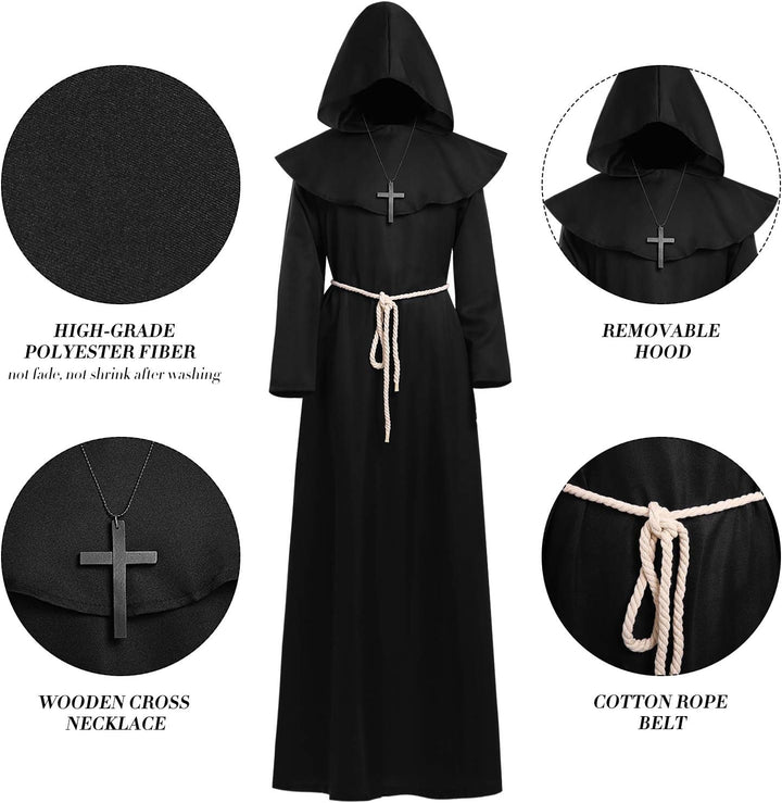 KONVINIT Mönch Robe Kostüm Männer Prister Gewand Kostüm Mittelalterliche Robe mit Kapuze Halloween K