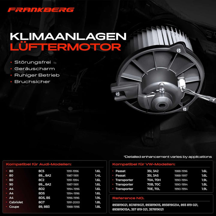 Frankberg Heizungsgebläse Gebläsemotor Kompatibel mit 80/80 Avant 1987-1996 90 1987-1991 A4/A4 Avant