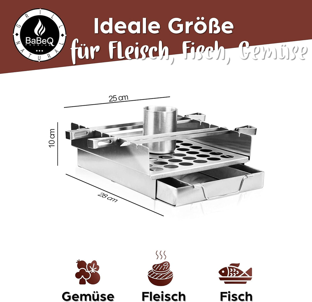 All-in-One Grillhalter aus Edelstahl für Grillspiesse, als Grillkorb, Grillpfanne inkl. Hähnchenbrät