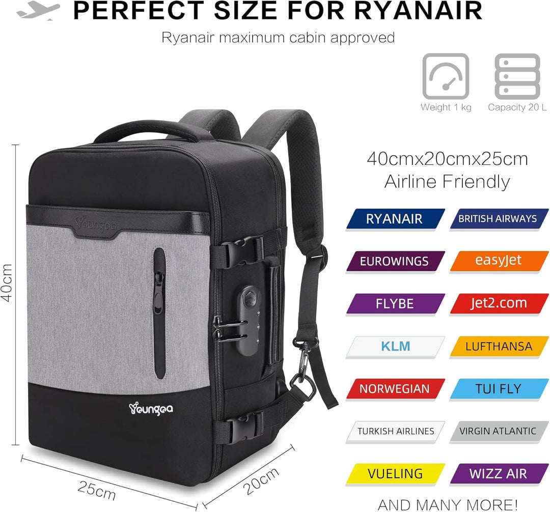 YOUNGOA Handgepäck 40x20x25 Reiserucksack Reisetasche für Ryanair Flugzeug mit LaptopFach 20L YG063