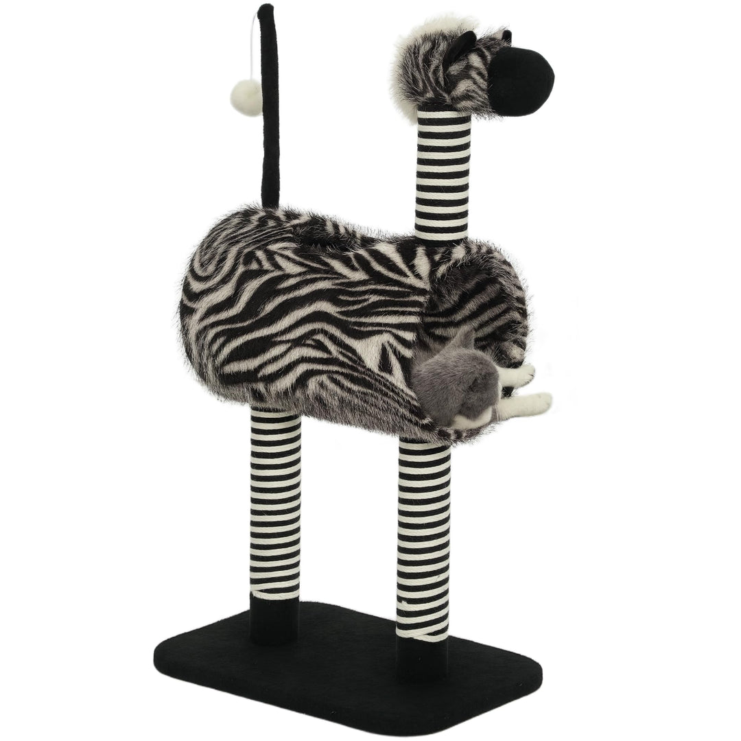 PawHut Kratzbaum 93 cm Katzenturm im Zebra-Design mit Katzentunnel, Plüschball, Jutepfosten, mehrstö
