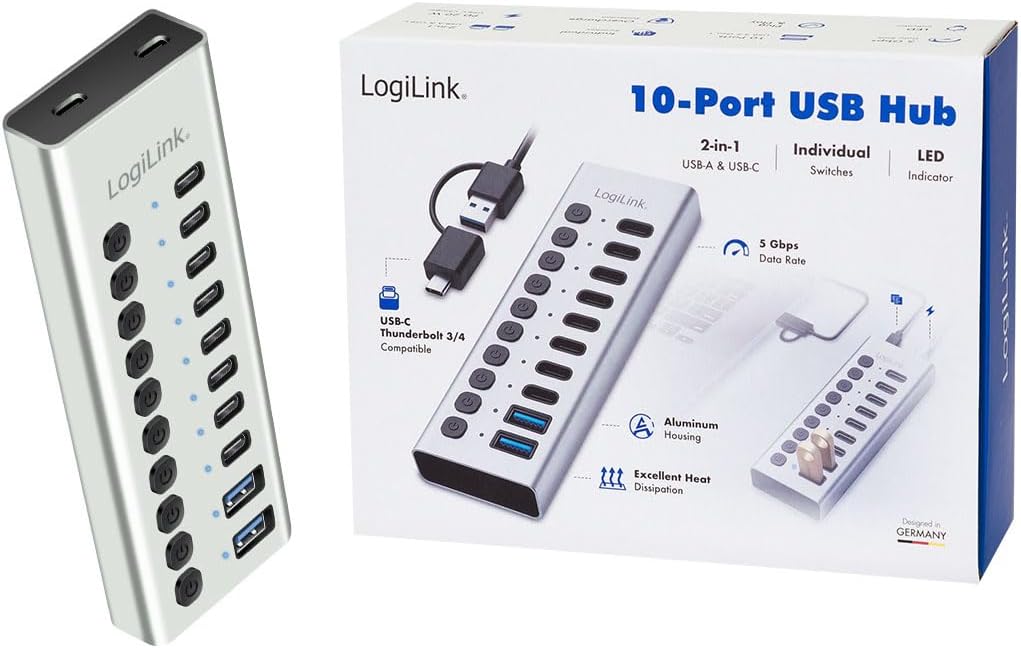 LogiLink UA0448 - USB 3.2 Gen1 Hub mit 10-Ports und Kabel/Adapter, USB Typ A und USB Typ C, EIN-/Aus