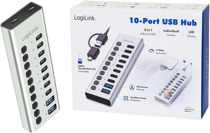 LogiLink UA0448 - USB 3.2 Gen1 Hub mit 10-Ports und Kabel/Adapter, USB Typ A und USB Typ C, EIN-/Aus