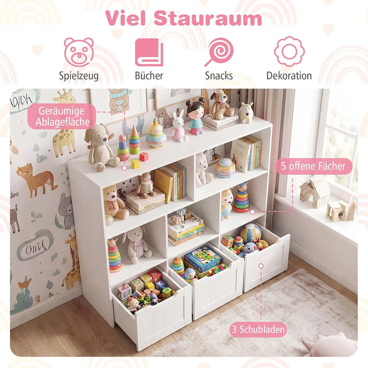 COSTWAY Kinderregal mit Boxen auf Rollen, Bücherregal Kinder mit 5 Fächern &amp; 3 Schubladen, Spielzeug
