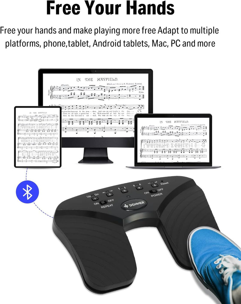 Donner Wireless Page Turner Pedal, wiederaufladbare Musik Page Turner Fusspedal für Tablets Telefon,