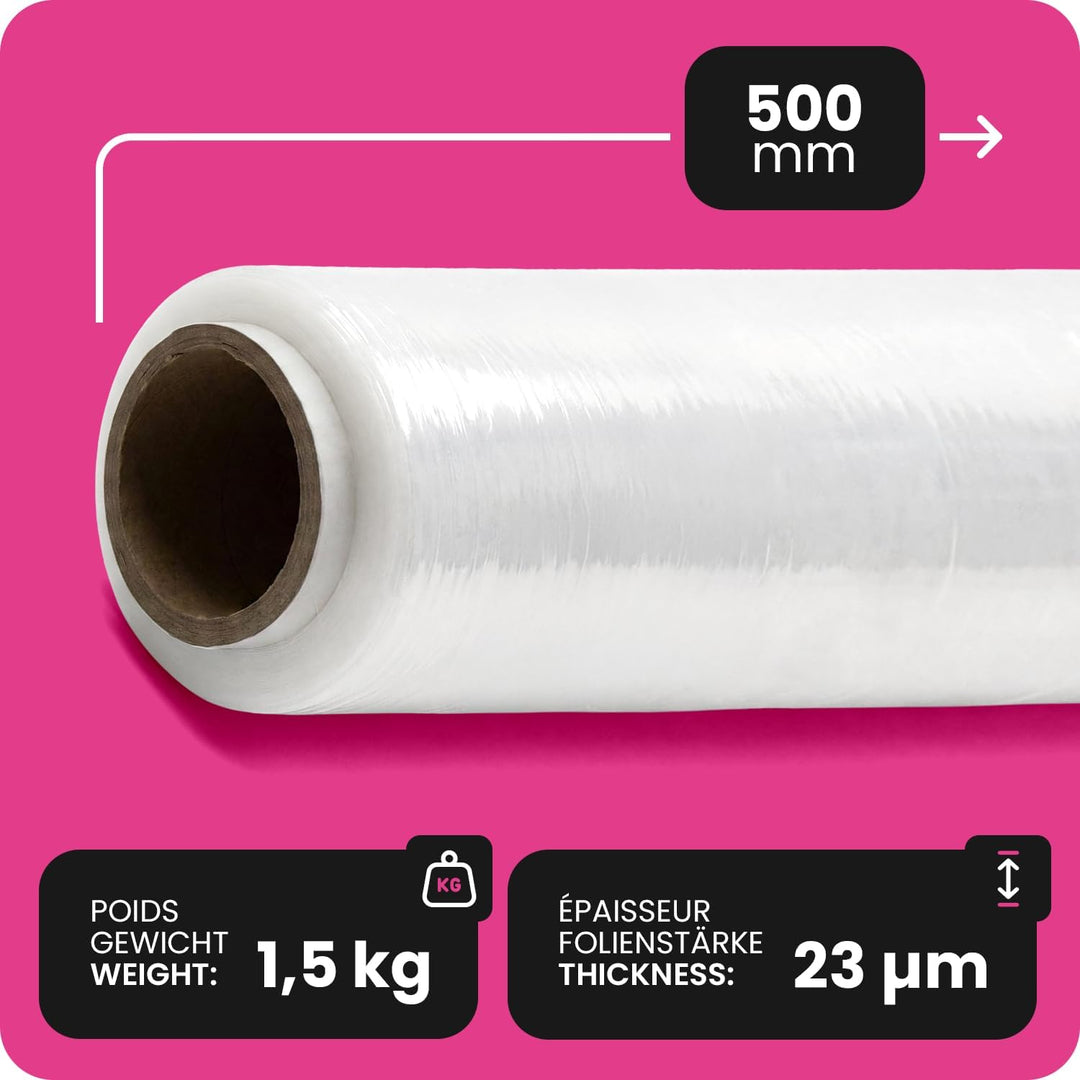 Netuno 1x transparente Stretchfolie 23my 500 mm 1,5 kg Folie Polyethylen Folie Cast-Film transparent