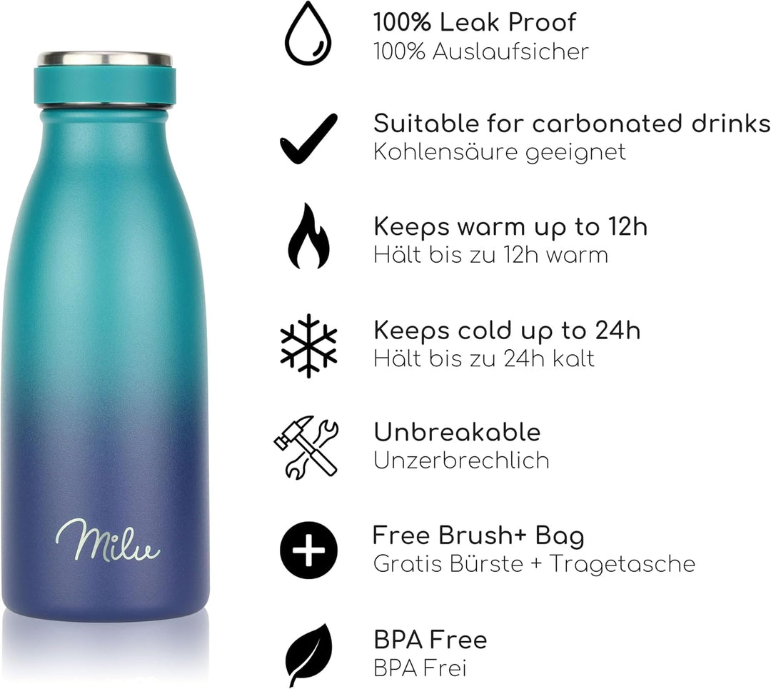Milu Edelstahl Trinkflasche 350ml, 500ml, 750ml, 1L, 1,5L – Thermosflasche für Kinder Erwachsene aus