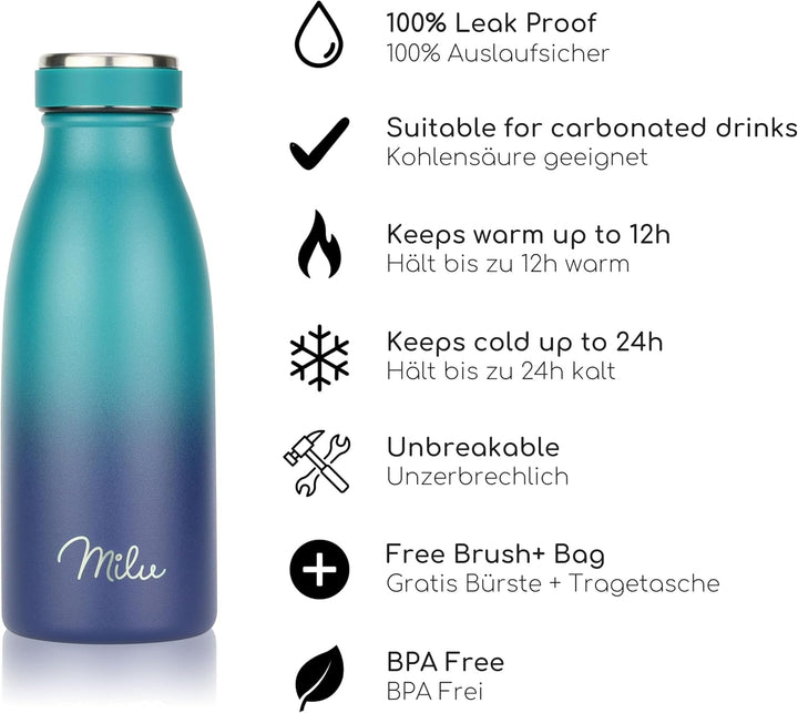 Milu Edelstahl Trinkflasche 350ml, 500ml, 750ml, 1L, 1,5L – Thermosflasche für Kinder Erwachsene aus