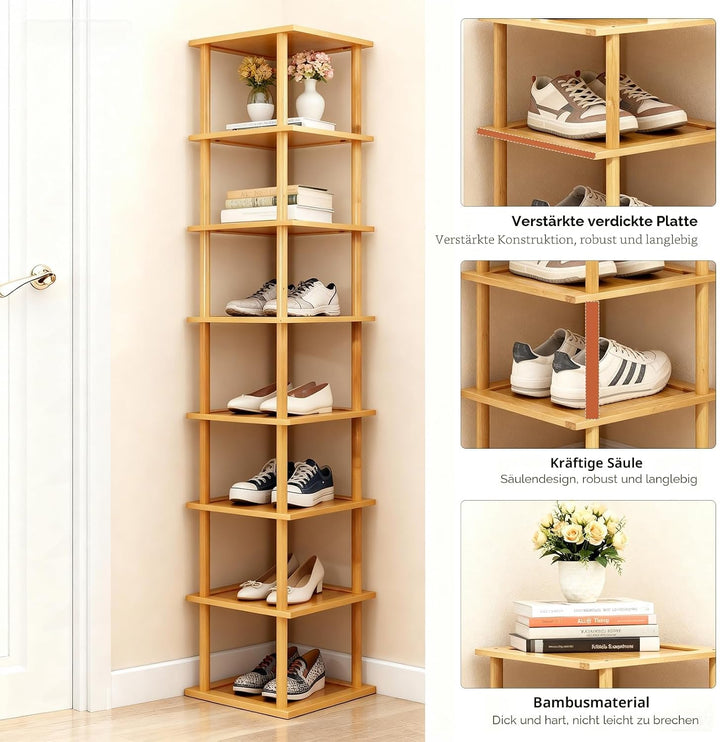 Aniston Bambus-Schuhregal, 8 Ebenen, vertikales Schuhregal für kleine Räume, freistehend, hoch, schm