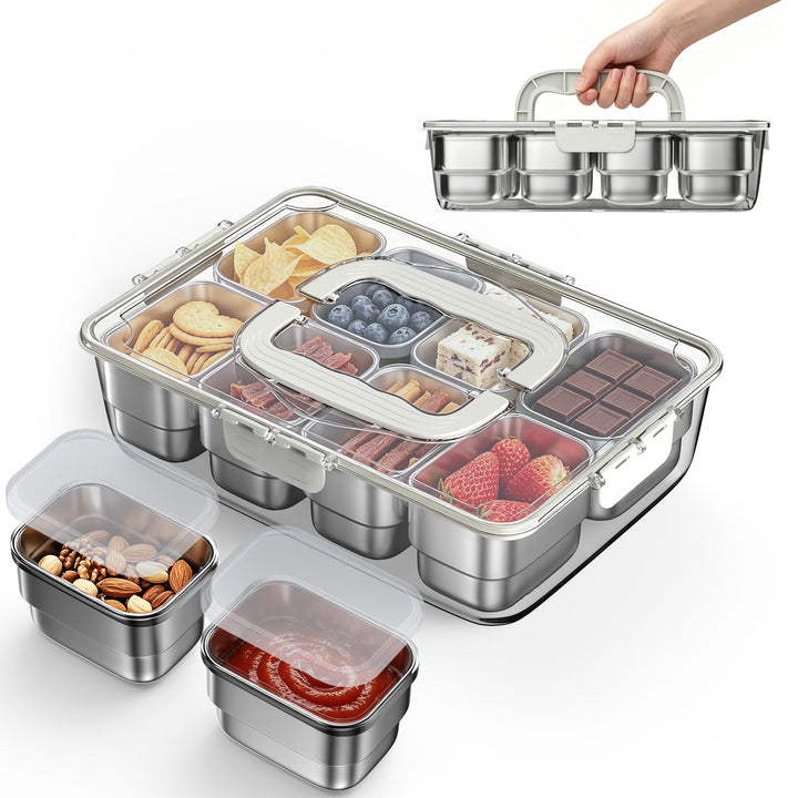 HiTauing Snackbox mit 8 Edelstahl Fächern, Snackteller mit Griff und 8 Einzelnen Deckeln, Verhindert
