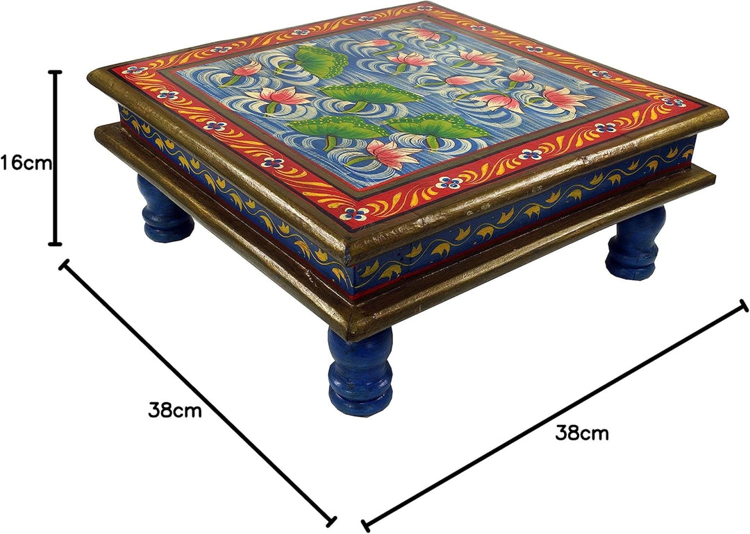 GURU SHOP Bemalter Kleiner Tisch, Minitisch, Blumenbank - Seerose Blau/rot, 16x38x38 cm, Kaffeetisch