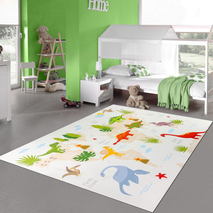 Teppich-Traum Teppich Rund Kinderzimmer Dino-Landschaft mit Pflanzen und Kontinenten rutschfest flac