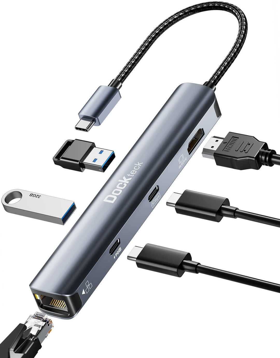 USB C Hub HDMI 4K 60Hz, 6 in 1 Dockteck, Dock Ethernet, MacBook Pro Adapter iPad mit LAN RJ45, 2 USB