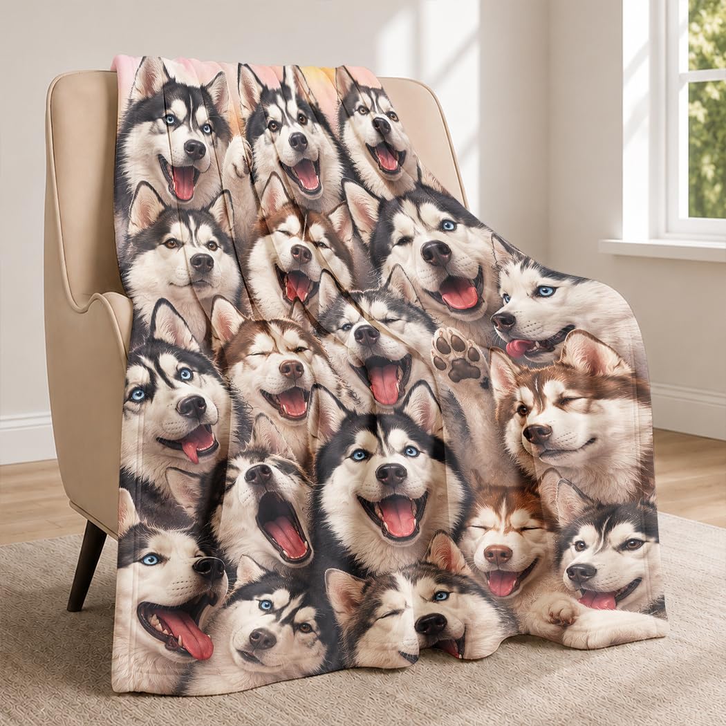 Husky Collage Flanell Decke, Lustige Wohndecke mit Husky-Gesichtern, Hundedecke für Hundefans, 150x2