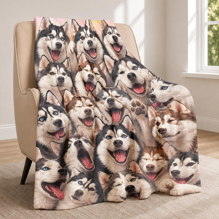 Husky Collage Flanell Decke, Lustige Wohndecke mit Husky-Gesichtern, Hundedecke für Hundefans, 150x2