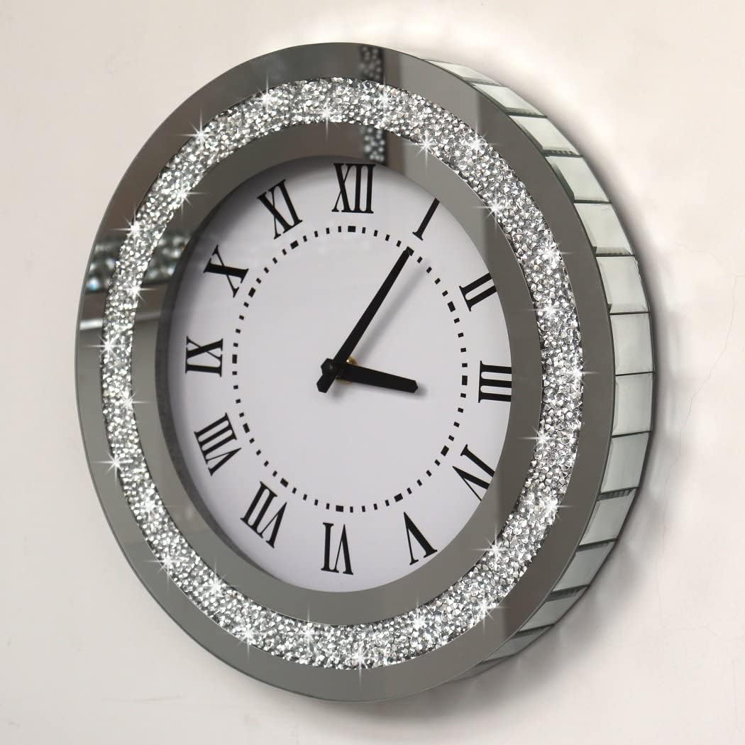 DMDFIRST Silberfarbener runder Spiegel, 30,5 cm, Kristallglitzer, glitzernd, Diamant-Spiegel-Wanduhr