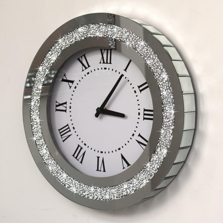 DMDFIRST Silberfarbener runder Spiegel, 30,5 cm, Kristallglitzer, glitzernd, Diamant-Spiegel-Wanduhr