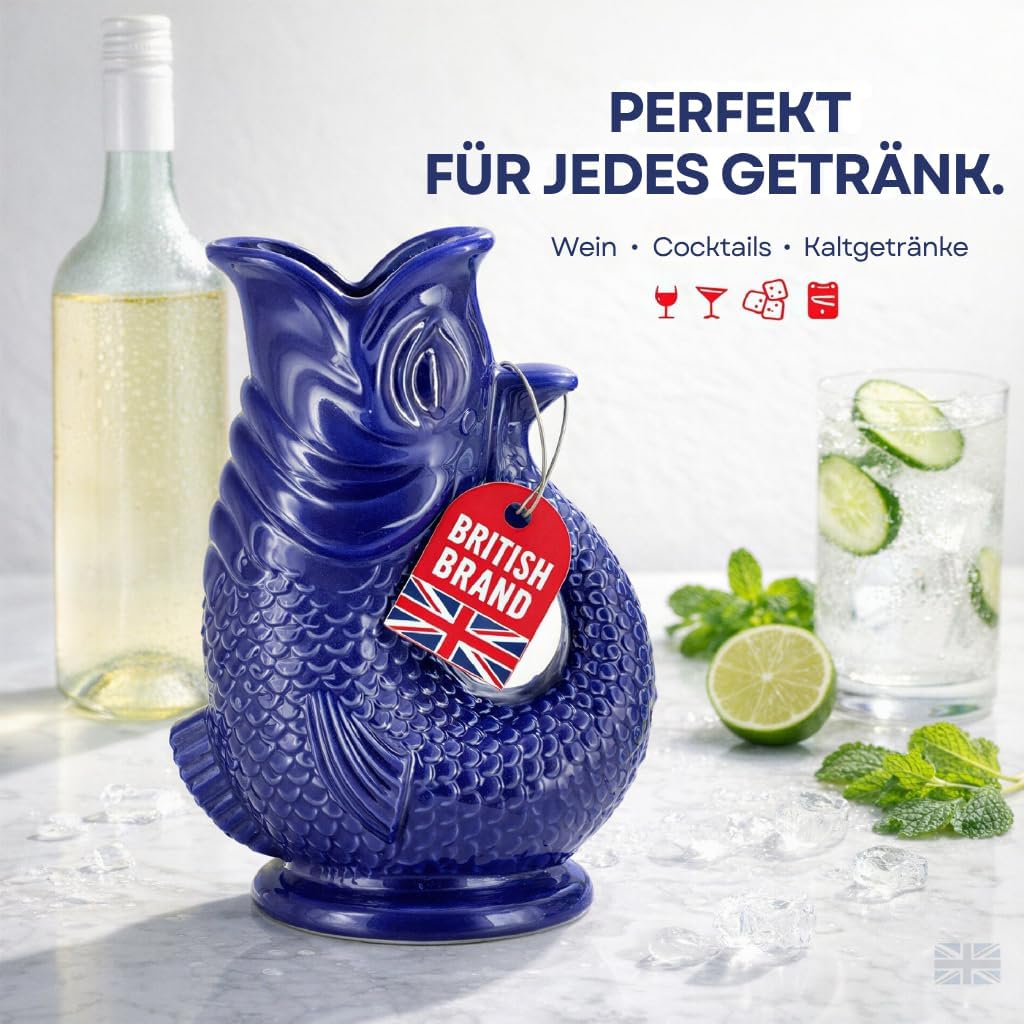 Bubble Jug | Wasserkaraffe | Keramikkrug in Fischform | 1,5 L | Dunkelblau Dunkelblau 1.5L, Dunkelbl