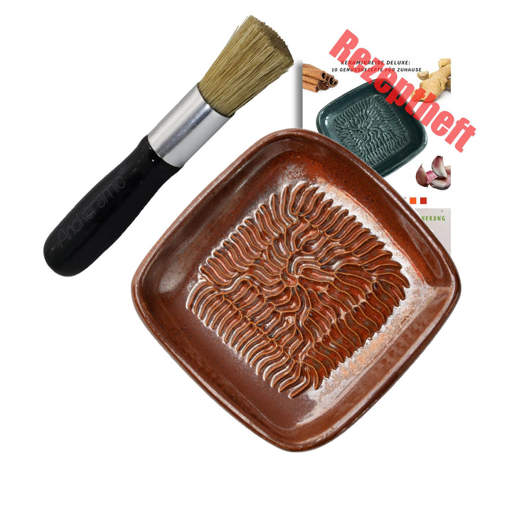 Ceramico Reibeteller & Backpinsel mit Naturborsten, Set aus Keramik für Knoblauch, Ingwer, Muskat, H