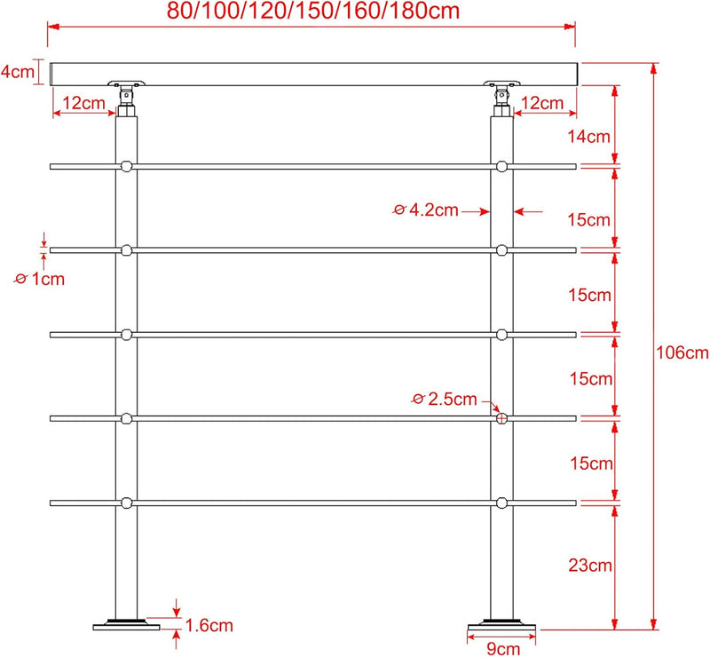 LARS360 100cm Handlauf Geländer Treppengeländer Ø 42 mm Geländerstäben aus Edelstahl 5 Querstreben T