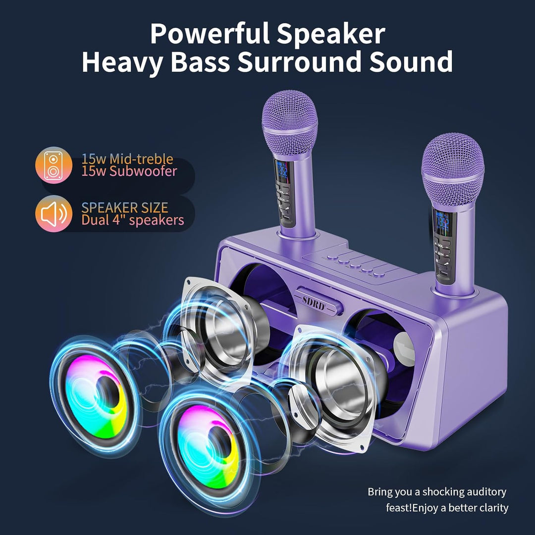 Karaoke Machine for Adults and Kids with 2 UHF Wireless Microphones, Portable Bluetooth Singing Spea