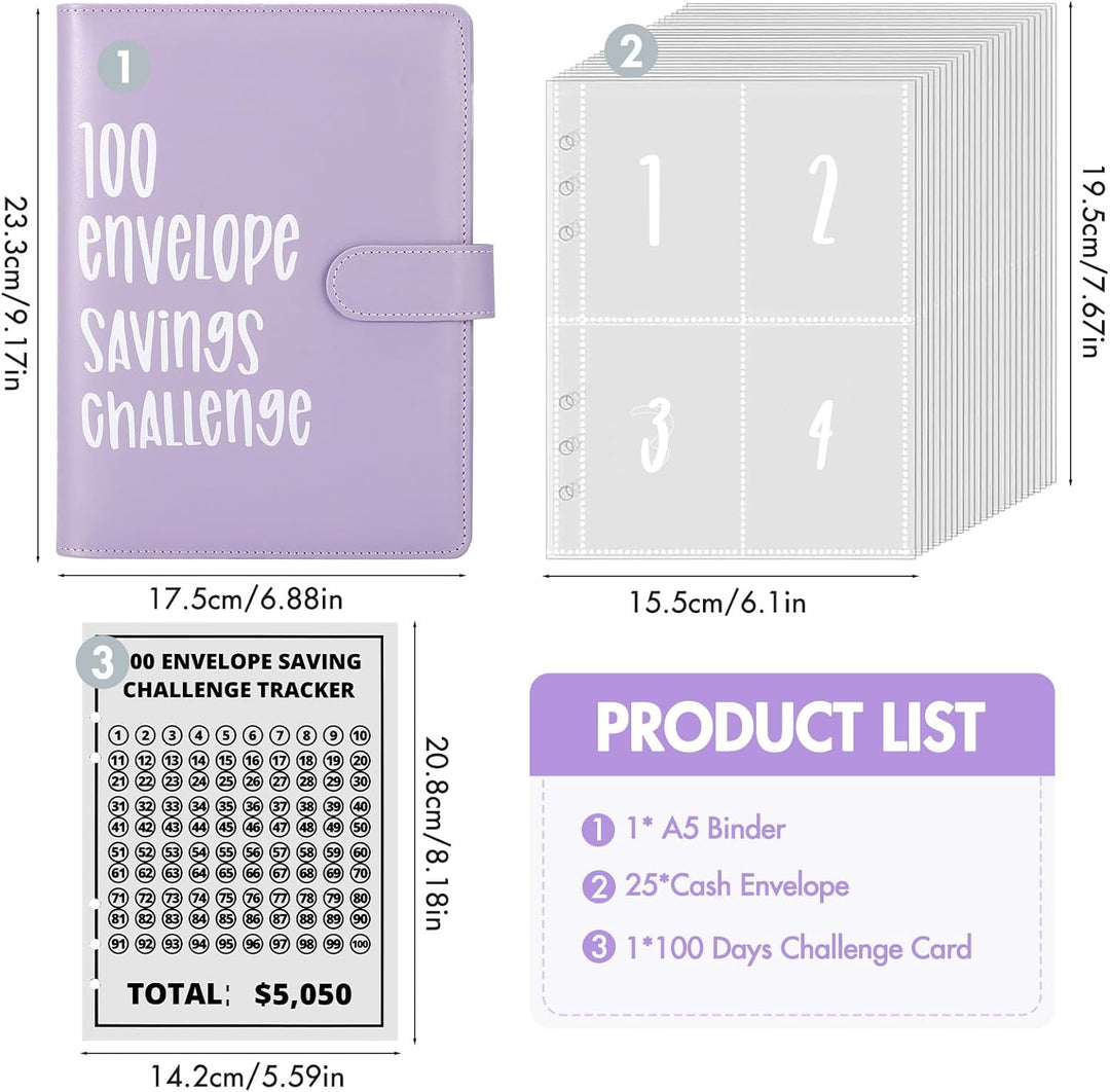 Challenge-Ordner mit 100 Umschlägen, A5-Umschlag, Spar-Challenge, Budget-Ordner, mit 25 Geldspar-Tra