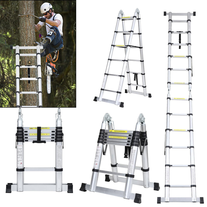 Fiqops Teleskopleiter, 3.8M (1,9+1,9) Rutschfester Aluminium Stehleiter, 150 KG/330 Pfund Belastbark