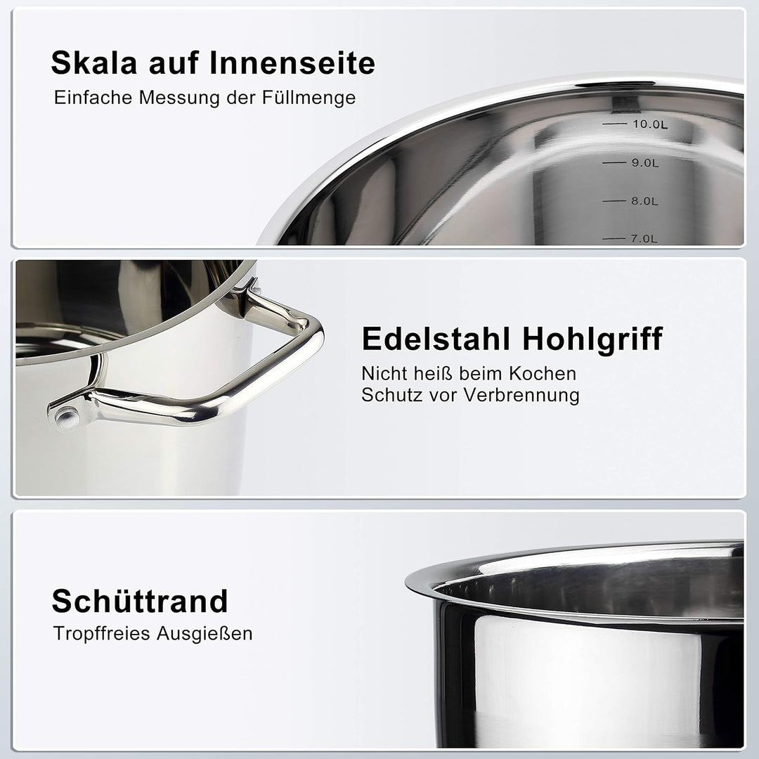 Linnuo Topf 10l mit Glasdeckel, Edelstahltopf, Griff nicht heiss | Topf Induktion geeignet, Stabiler