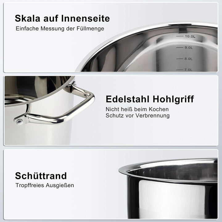 Linnuo Topf 10l mit Glasdeckel, Edelstahltopf, Griff nicht heiss | Topf Induktion geeignet, Stabiler