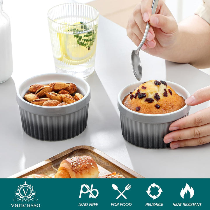 vancasso RAMEKINS 260ml Soufflé Förmchen Set von 6, Ø10,1cm Creme Brulee Schälchen Backofen sicher,