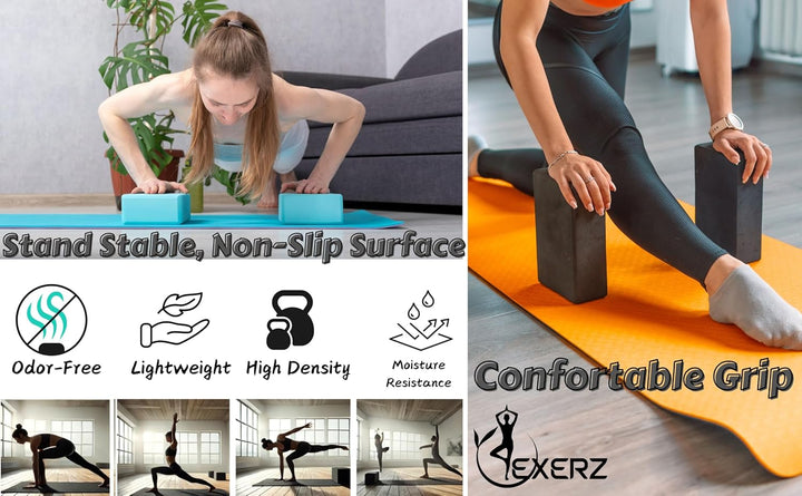EXERZ Yogablock 2er Set EVA – Rutschfeste Yoga Blöcke für Pilates Fitness Stretching Handstand – Lei