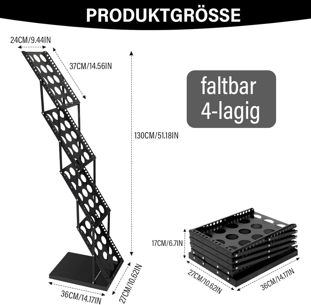 SUNDOY Faltbarer Zeitschriftenständer mit 4 Taschen – Magazinhalter & Broschüre Prospekthalter mit T